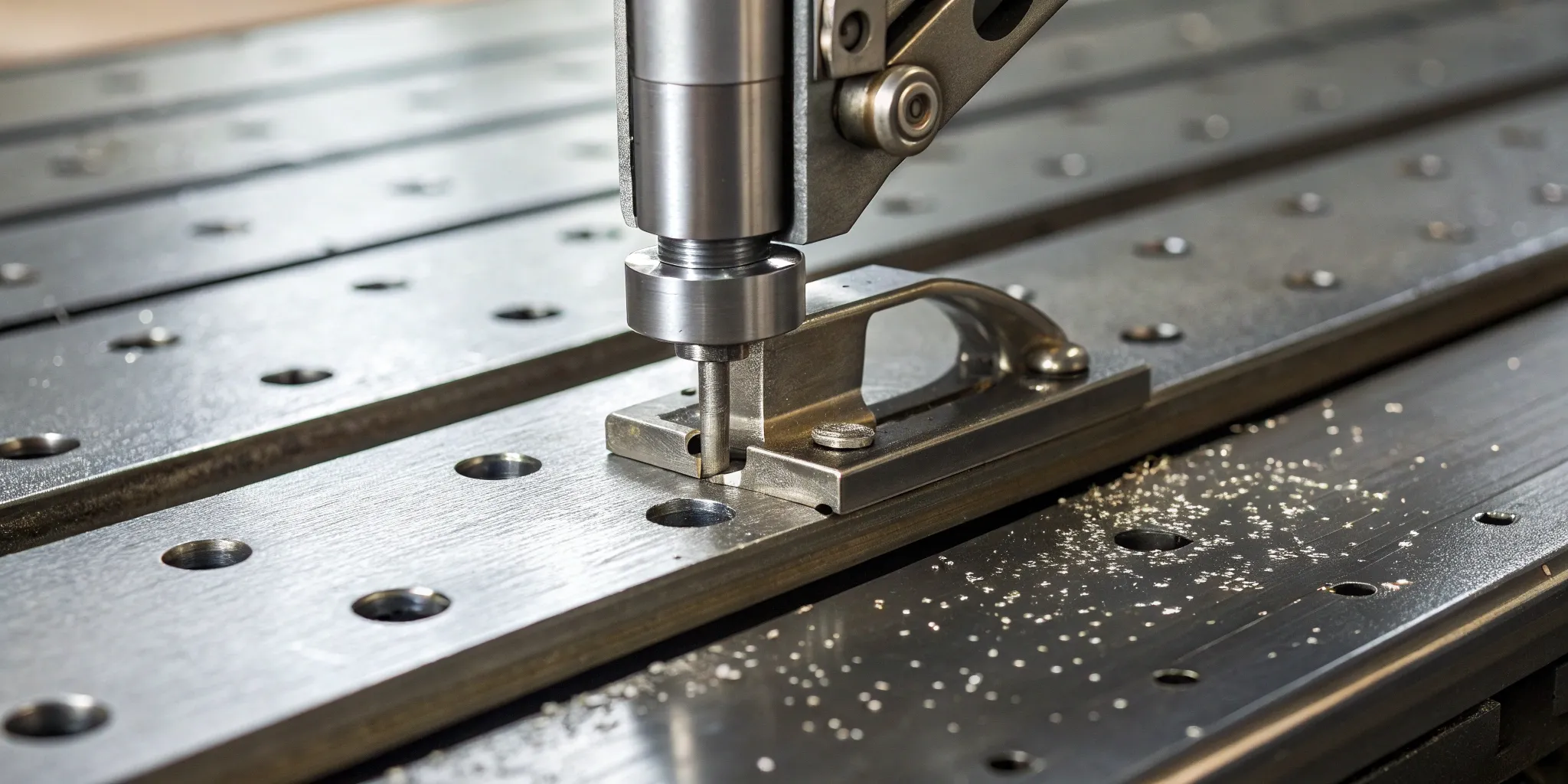 Heavy-duty metal hole punch cleanly perforating thick steel sheet.