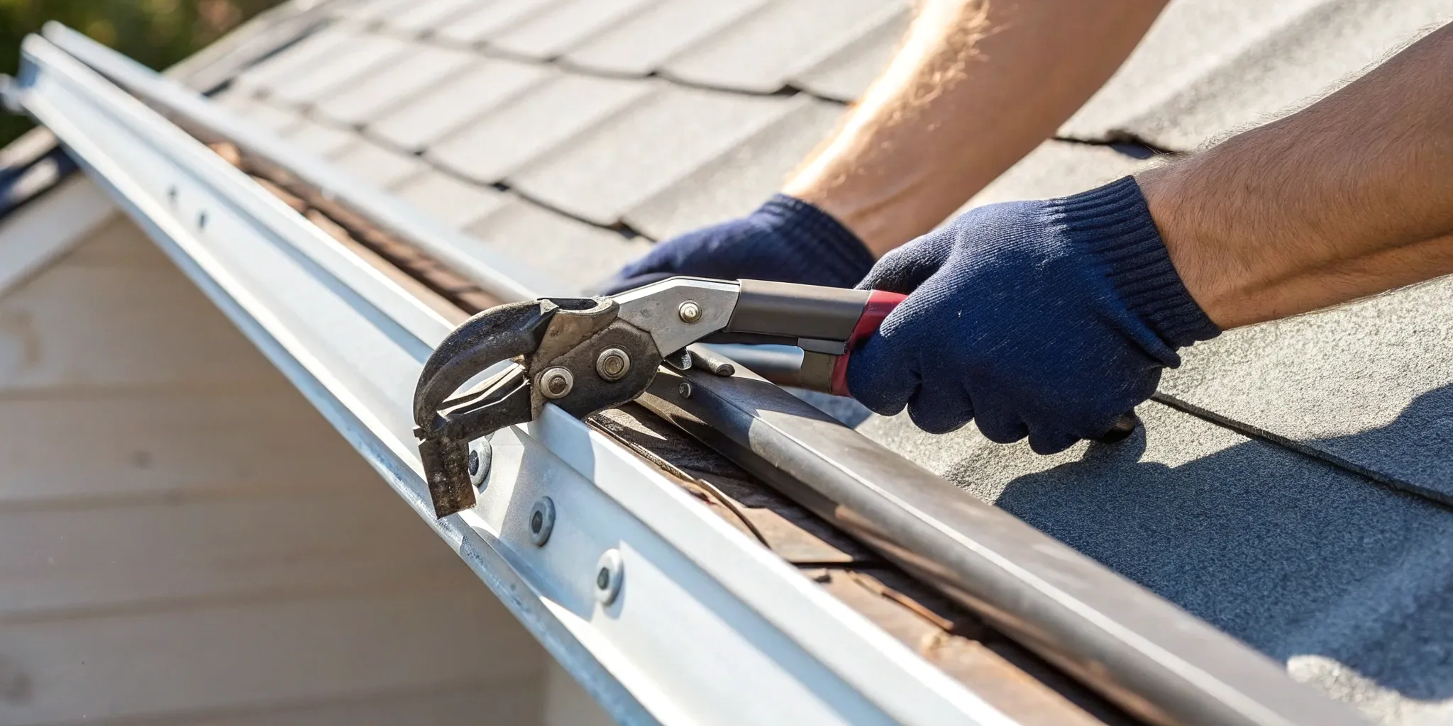 Crimping a gutter end cap with a crimper tool.